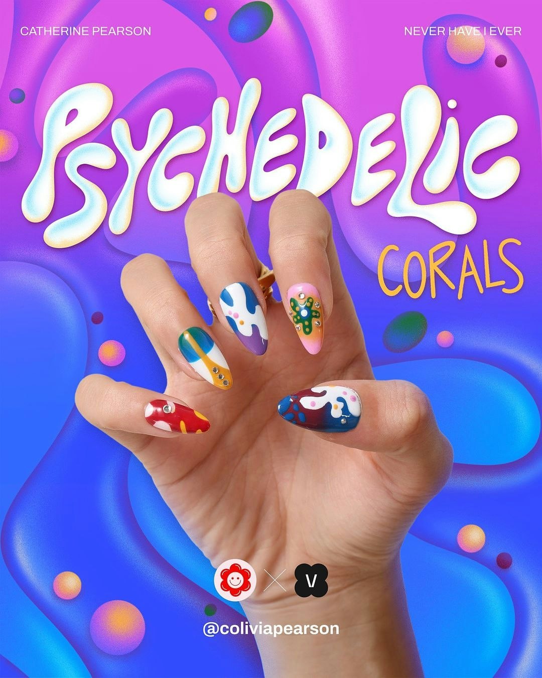 Close-up of a hand with a set of colorful, artistic nail art designs against a purple, blue, and white abstract background.
