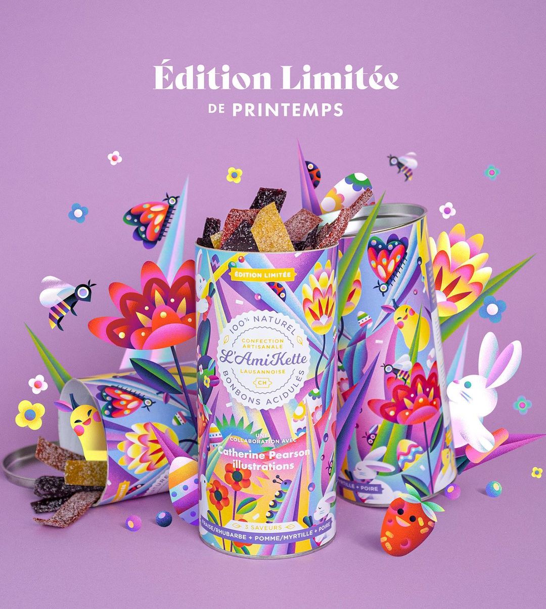 Whimsical product shot of L'Ami Kette candy in colorful containers with spring-themed illustrations of flowers and insects on a purple background.