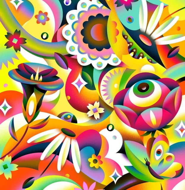 Colorful abstract floral art illustration featuring fantasy flowers, vibrant colors, and playful composition in a flat vector style.