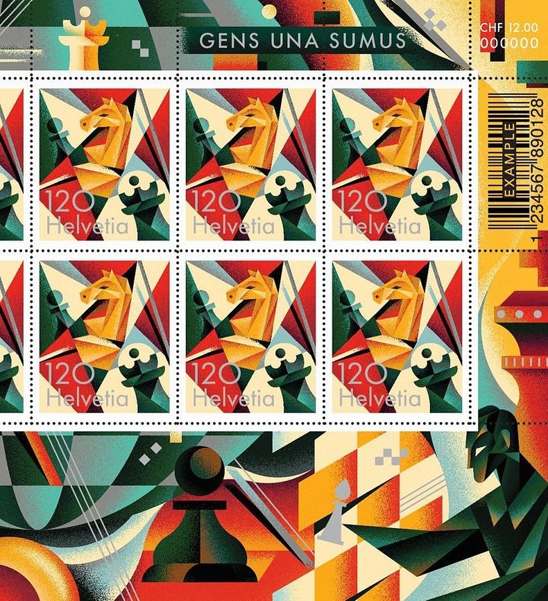 Postage stamps featuring geometric art of a horse head and chess pieces, with text reading 'Gens Una Sumus' and 'Helvetia'.