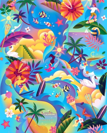 A vibrant and colorful illustration filled with tropical elements, including palm trees, flowers, marine life, and vacation-themed imagery.