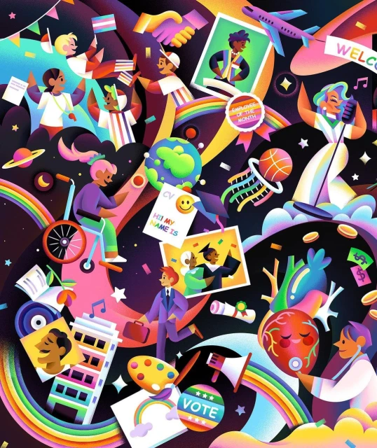 Illustration featuring diverse people, rainbow elements, and objects representing various professions and themes, set against a dark background.