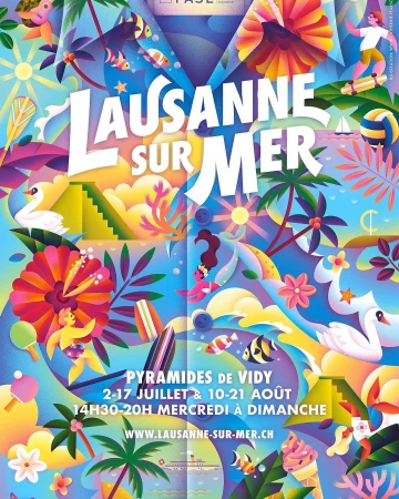 Colorful poster art advertises the 'Lausanne Sur Mer' event, featuring a vibrant shirt pattern with tropical and summer-themed illustrations.