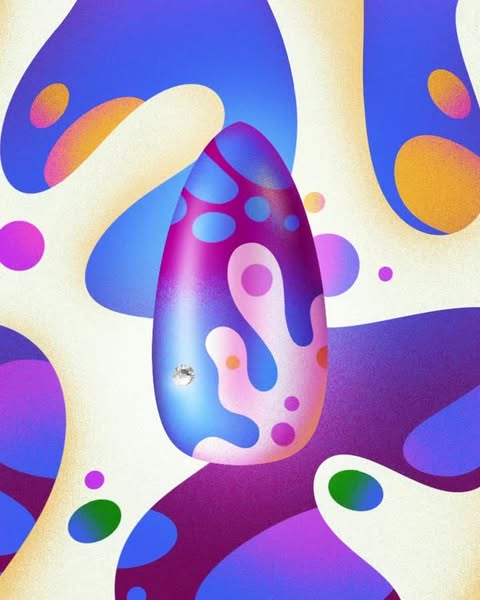 Abstract nail art design featuring swirls and dots in purple, blue, pink, and white on an almond-shaped nail with a sparkling jewel.