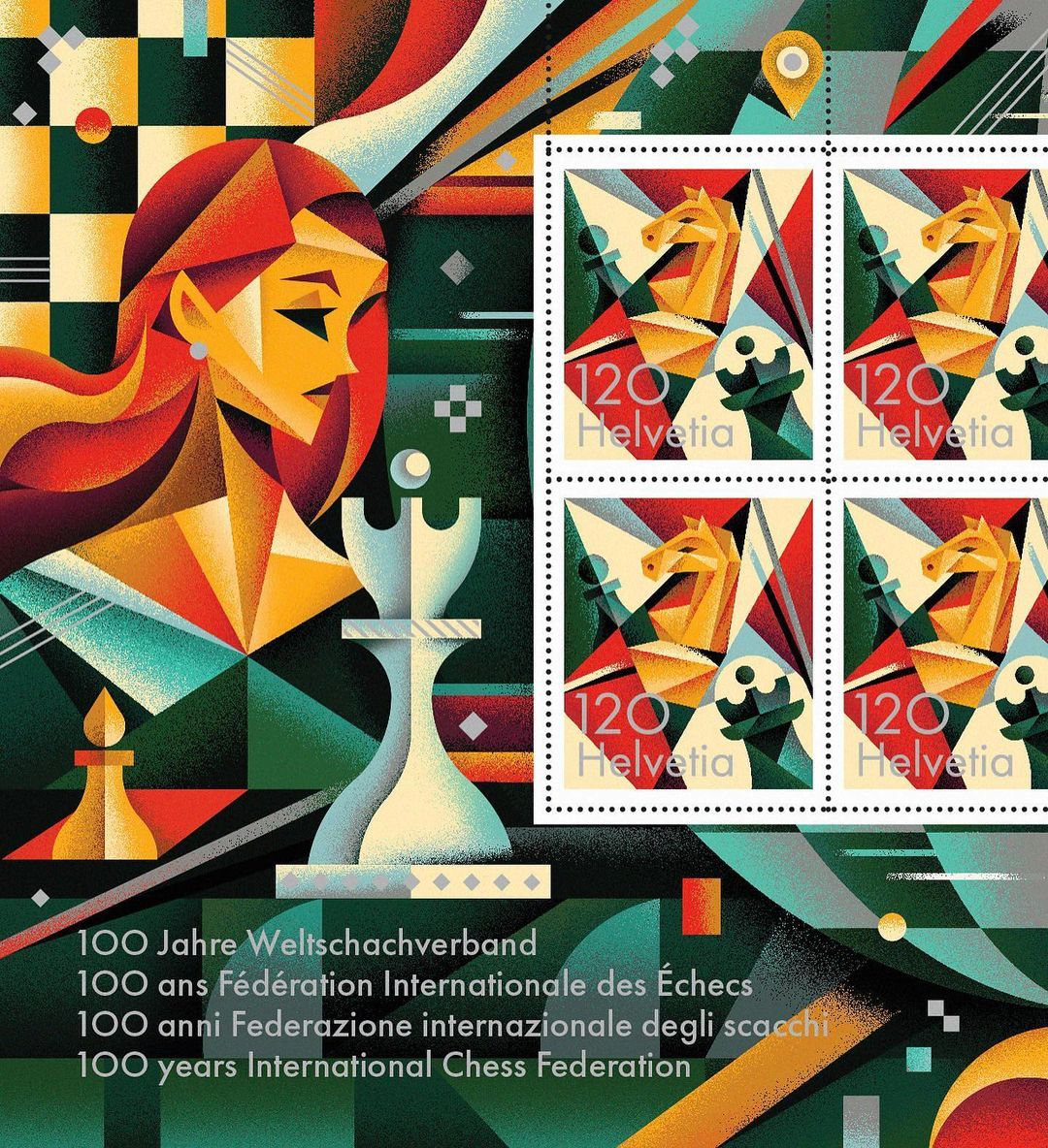 Colorful illustration featuring a woman's geometric portrait, chess pieces, and postage stamps with a horse head chess piece.