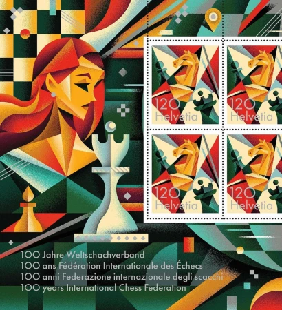 Colorful illustration featuring a woman's geometric portrait, chess pieces, and postage stamps with a horse head chess piece.