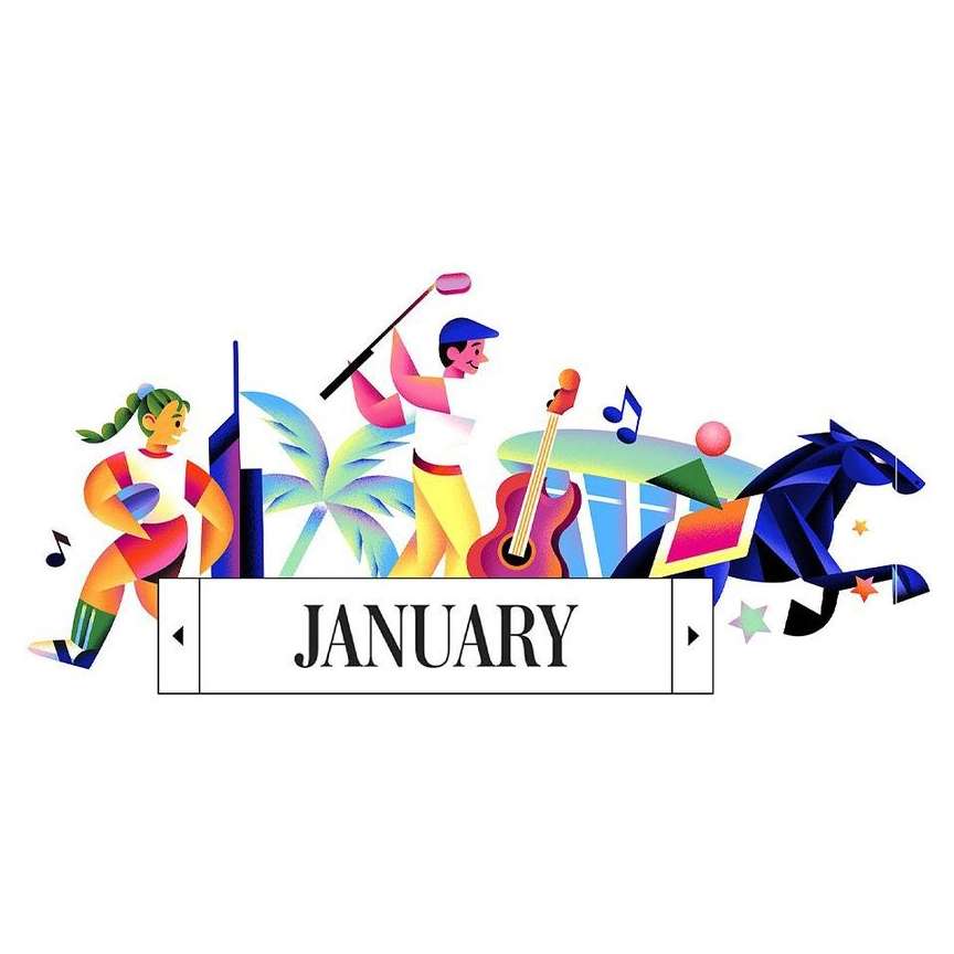Illustration of various sports and activities including rugby, golf, music, and horse racing, set against a white backdrop, January.