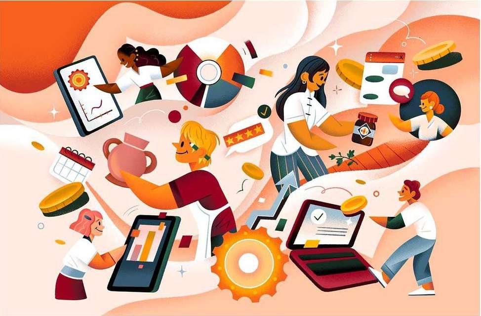 Digital artwork featuring illustrated characters interacting with technology like tablets, laptops, and pie charts against a light peach backdrop.
