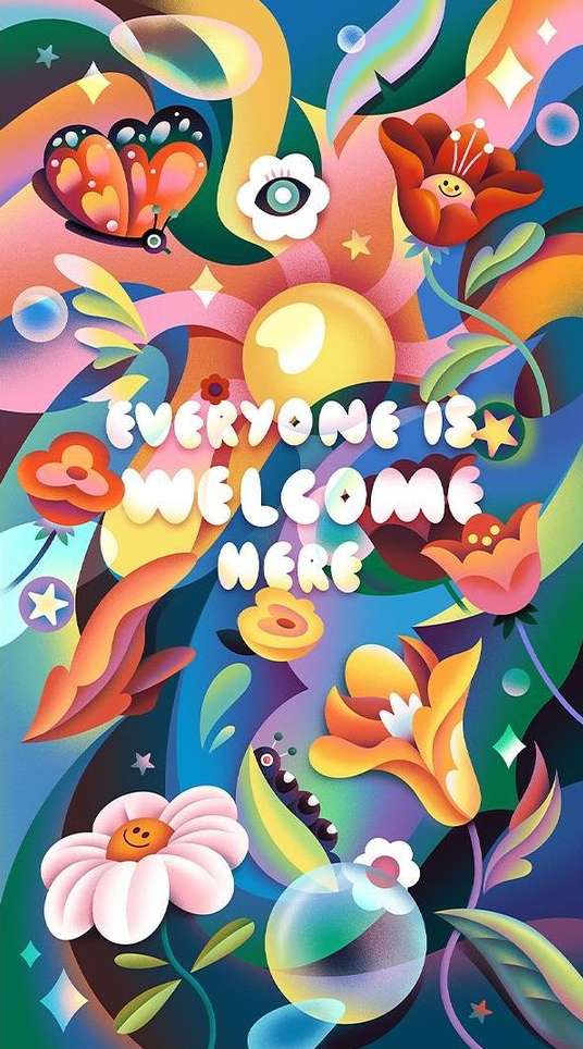 Colorful, inclusive illustration with flowers, a butterfly, and a sun, featuring the welcoming message, "Everyone is welcome here."