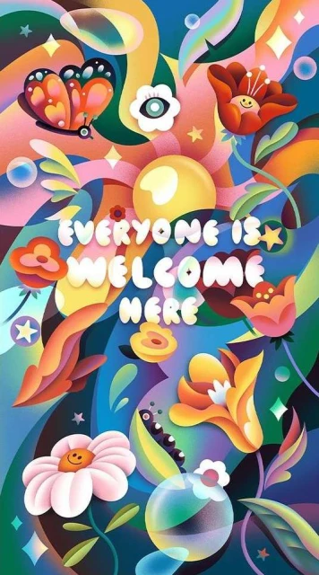 Colorful, inclusive illustration with flowers, a butterfly, and a sun, featuring the welcoming message, "Everyone is welcome here."