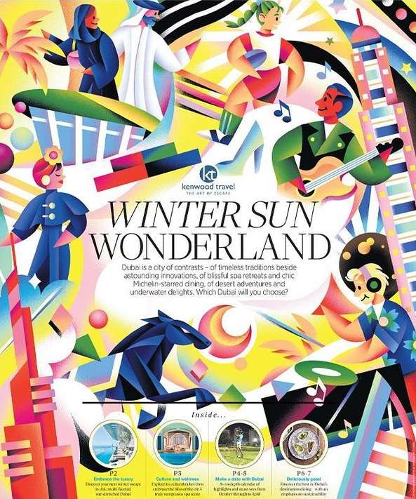 Vibrant travel advertisement featuring stylized illustrations of people in traditional attire and leisure activities in Dubai.