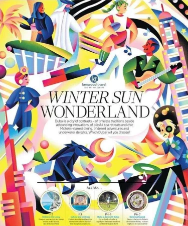 Vibrant travel advertisement featuring stylized illustrations of people in traditional attire and leisure activities in Dubai.