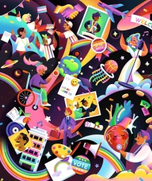 Colorful vector illustration by Catherine Pearson featuring diverse figures, floating photographs, rainbow ribbons, and celebratory motifs against a dark cosmic background.