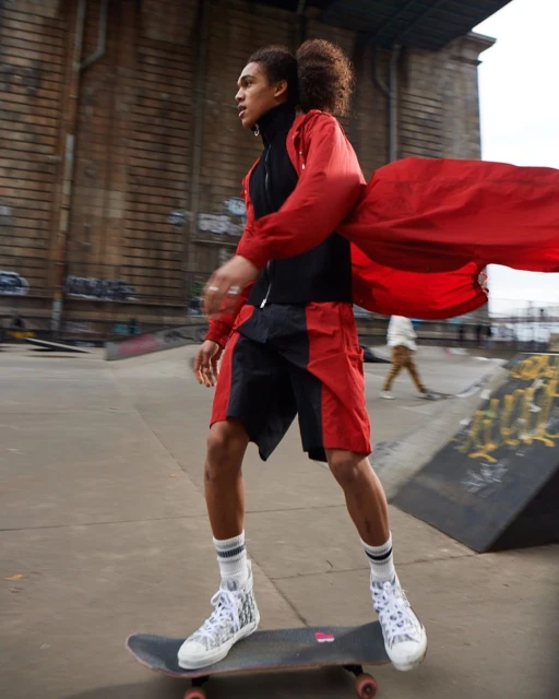 Young adult male in red jacket and black shorts rides skateboard in skatepark against concrete wall backdrop on overcast day.