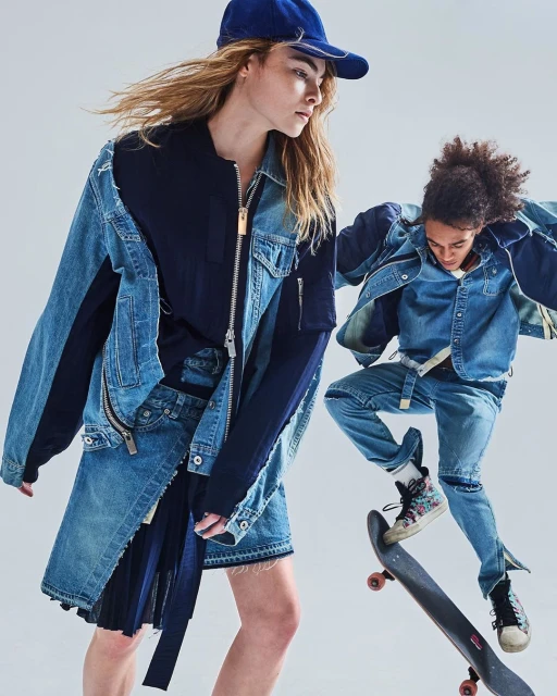 Two fashion models showcase denim outfits in a studio setting, one standing with a denim jacket and skirt, the other skateboarding mid-air.