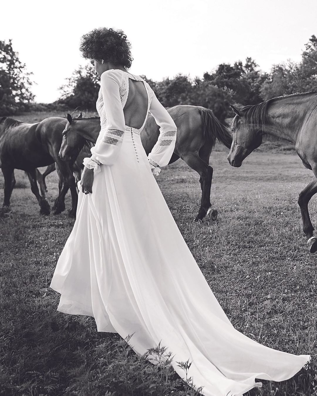 Woman in long white dress in a grassy field with several horses, captured in a monochromatic image with trees in background.