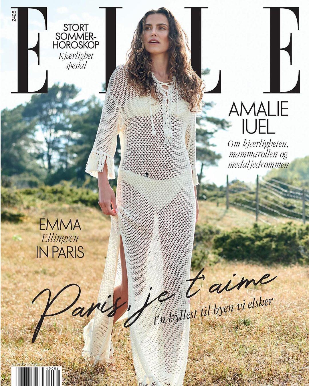 Elle Magazine cover featuring a woman with curly hair wearing a white crochet dress outdoors. Summer fashion and beauty editorial.