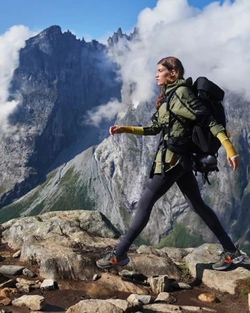 A woman in hiking gear strides across rocks with a large backpack, set against a dramatic mountain range and cloudy blue sky.