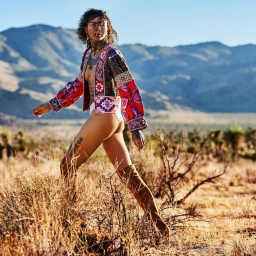 Model in patterned embroidered jacket and tall boots walking through a dry desert landscape photographed by Cathrine Wessel.