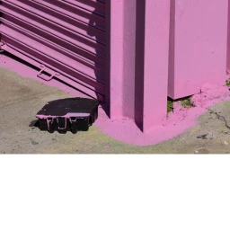 Pink corrugated metal shutter and painted pillar with a black plastic case on the ground in Berlin by Cecil Arp.