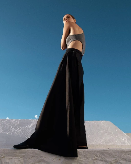 Fashion shot of a woman in a grey bodysuit and wide black pants standing on a white structure against a clear blue sky backdrop.