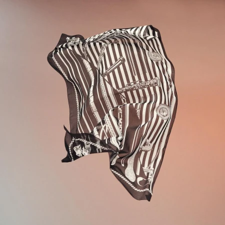 Silk scarf with nautical-themed print featuring stripes, ropes, anchors, and telescopes, floating in a studio setting with soft gradient background.