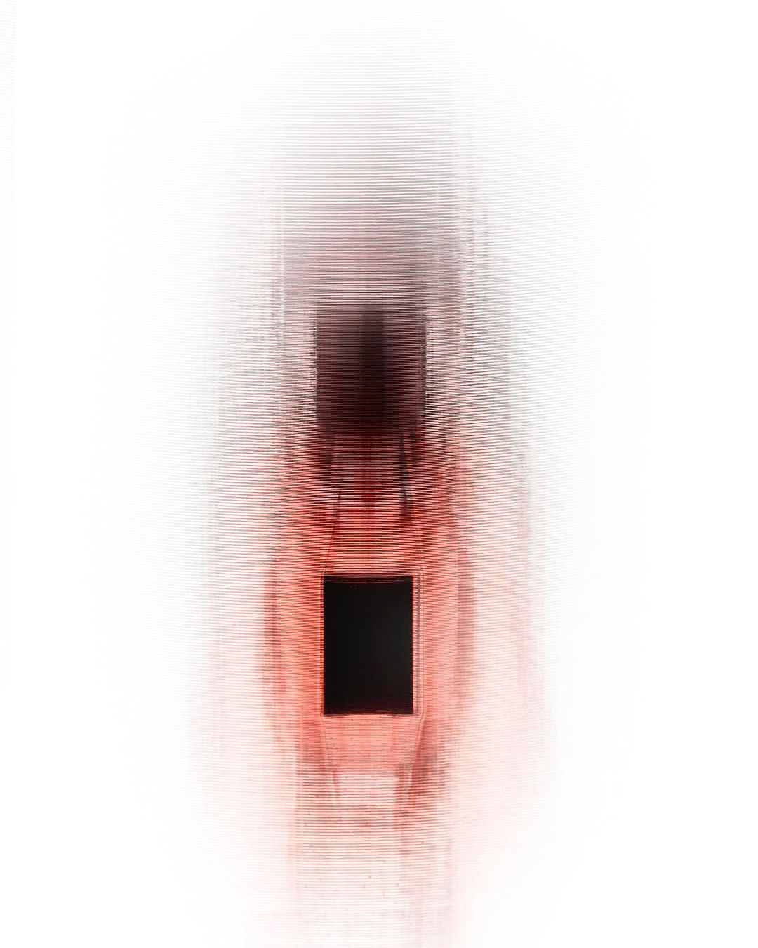 Abstract imagery features a blurred black square enveloped in vibrant shades of orange and red, set against a stark white background.