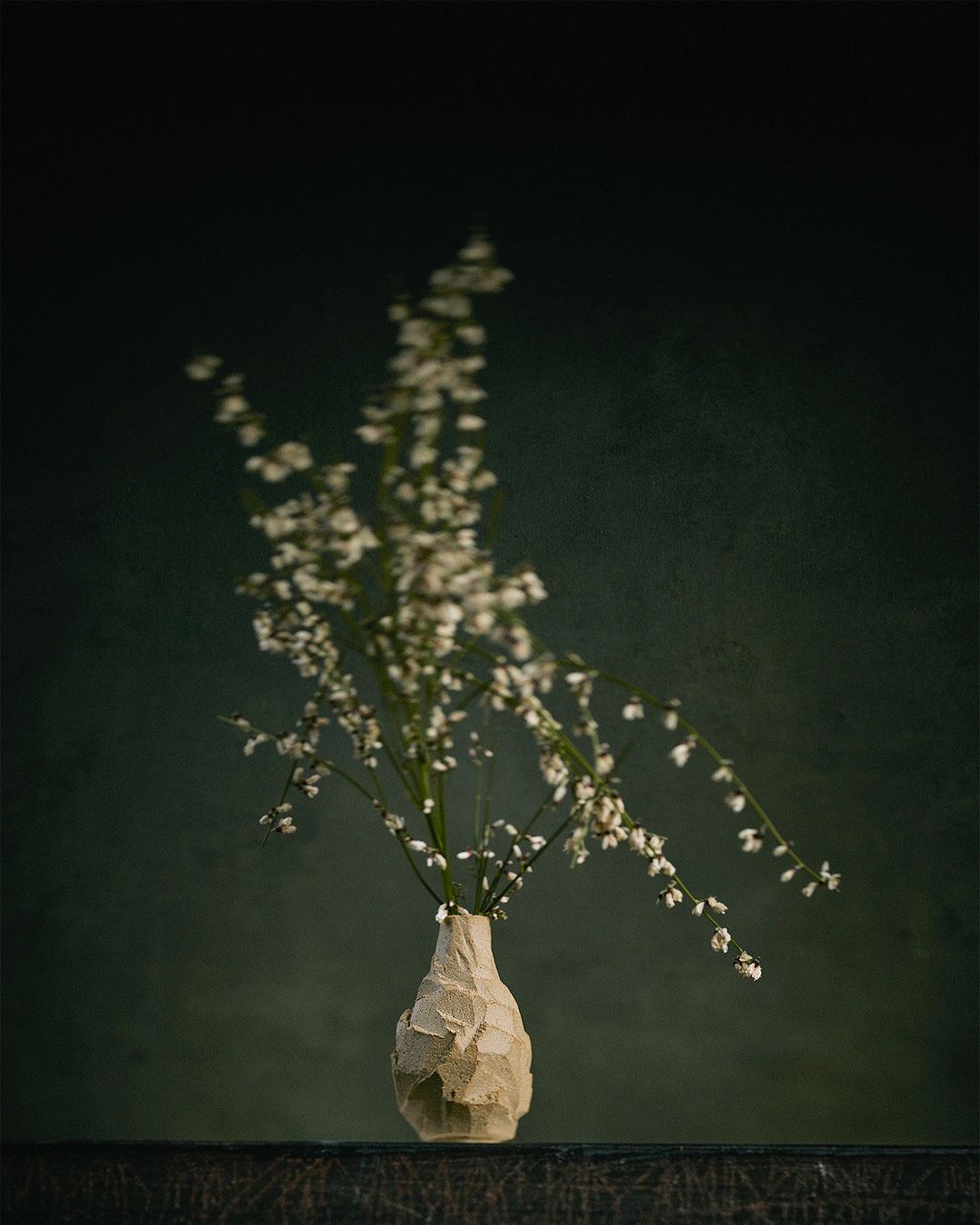 Still life photograph of a beige vase holding a flower arrangement with small white blossoms against a dark green background.