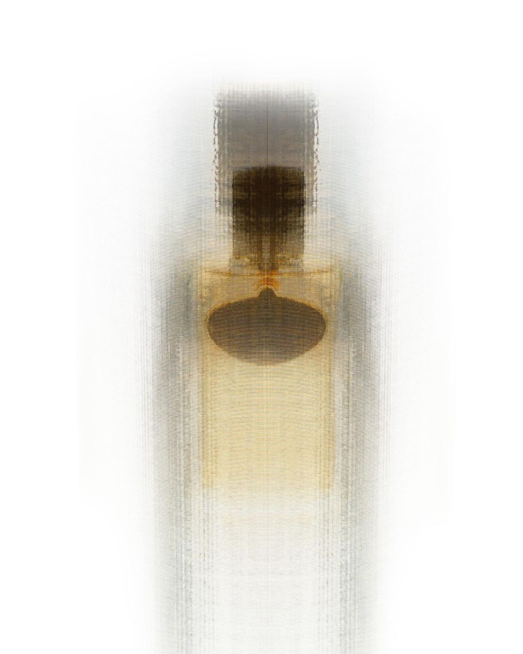 Abstract digital composite photograph of a perfume bottle with layered vertical streaks against a plain white background.
