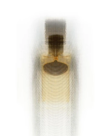Abstract digital composite photograph of a perfume bottle with layered vertical streaks against a plain white background.