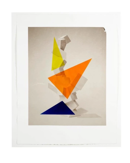 Abstract geometric composition featuring overlapping transparent triangles in yellow, orange, and blue, set against a neutral background.