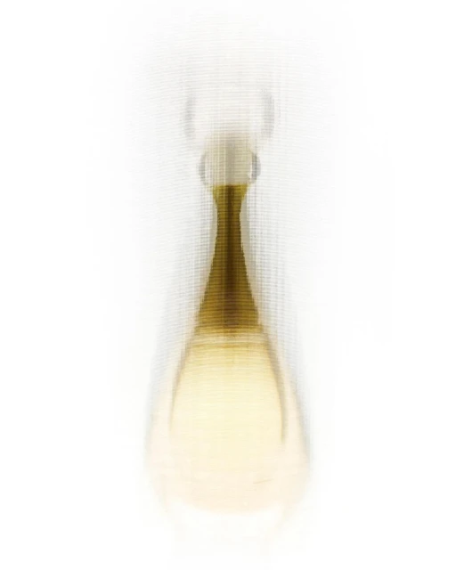 Close-up of a perfume bottle with a rounded bottom and thin neck, set against a clean white background in a beauty shot. 