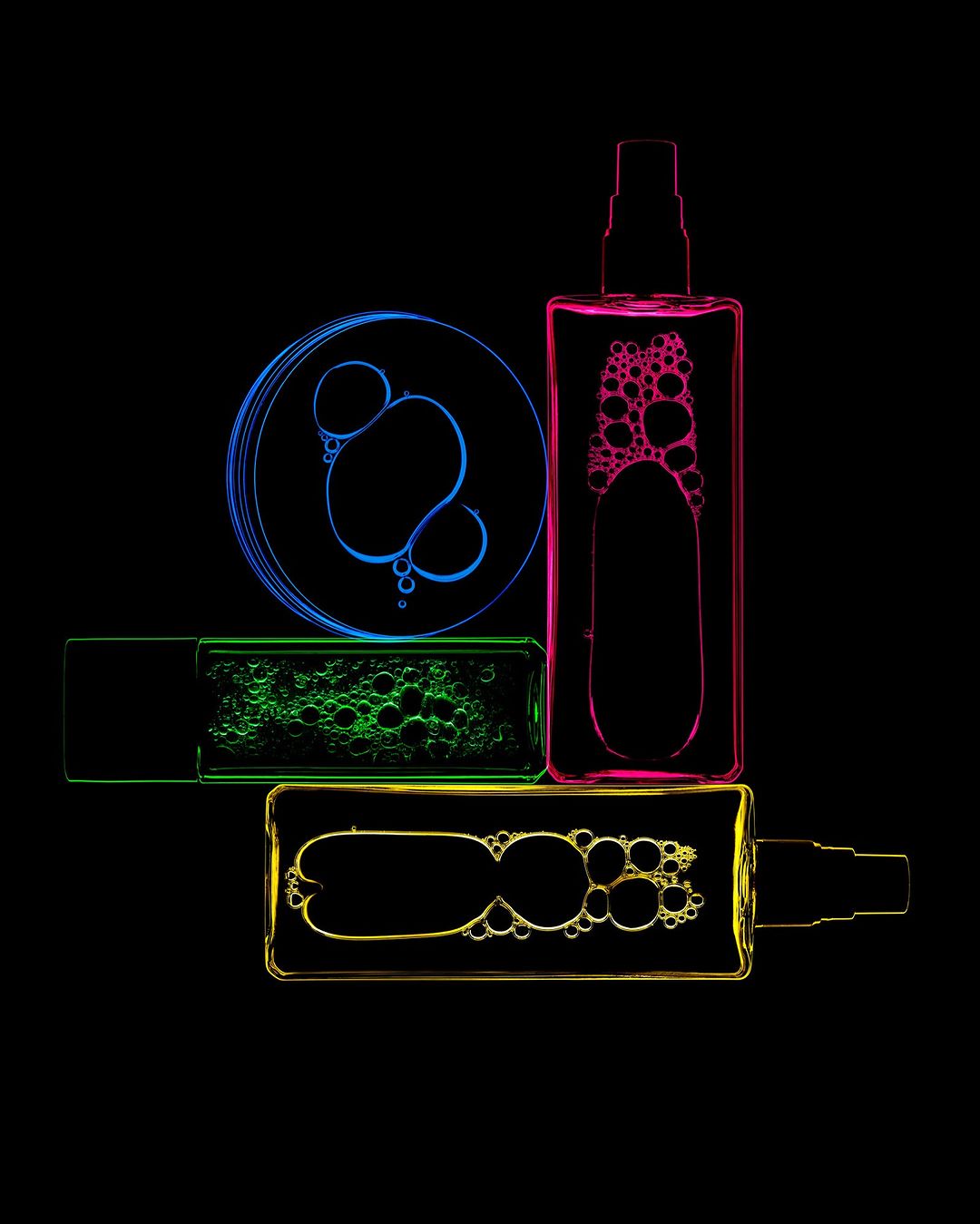 Cosmetic products arranged in a stack against a black backdrop, outlined in neon colors, creating a vibrant and modern aesthetic.