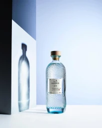 A textured glass bottle of gin with a cork stopper standing on a white surface against a light blue backdrop.