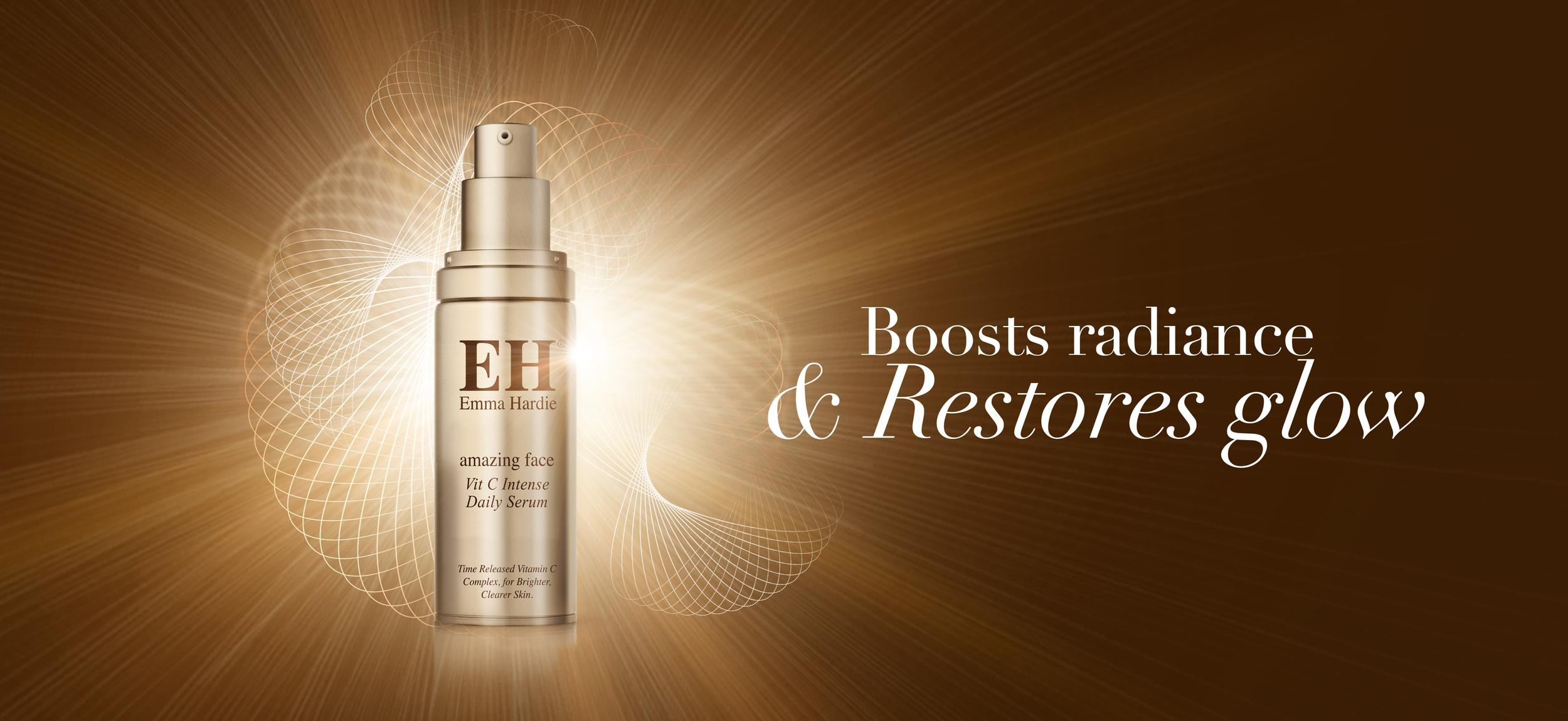 Emma Hardie skincare product, Vit C Intense Daily Serum, showcased against a radiant gold background with geometric patterns, promoting radiance and glow.