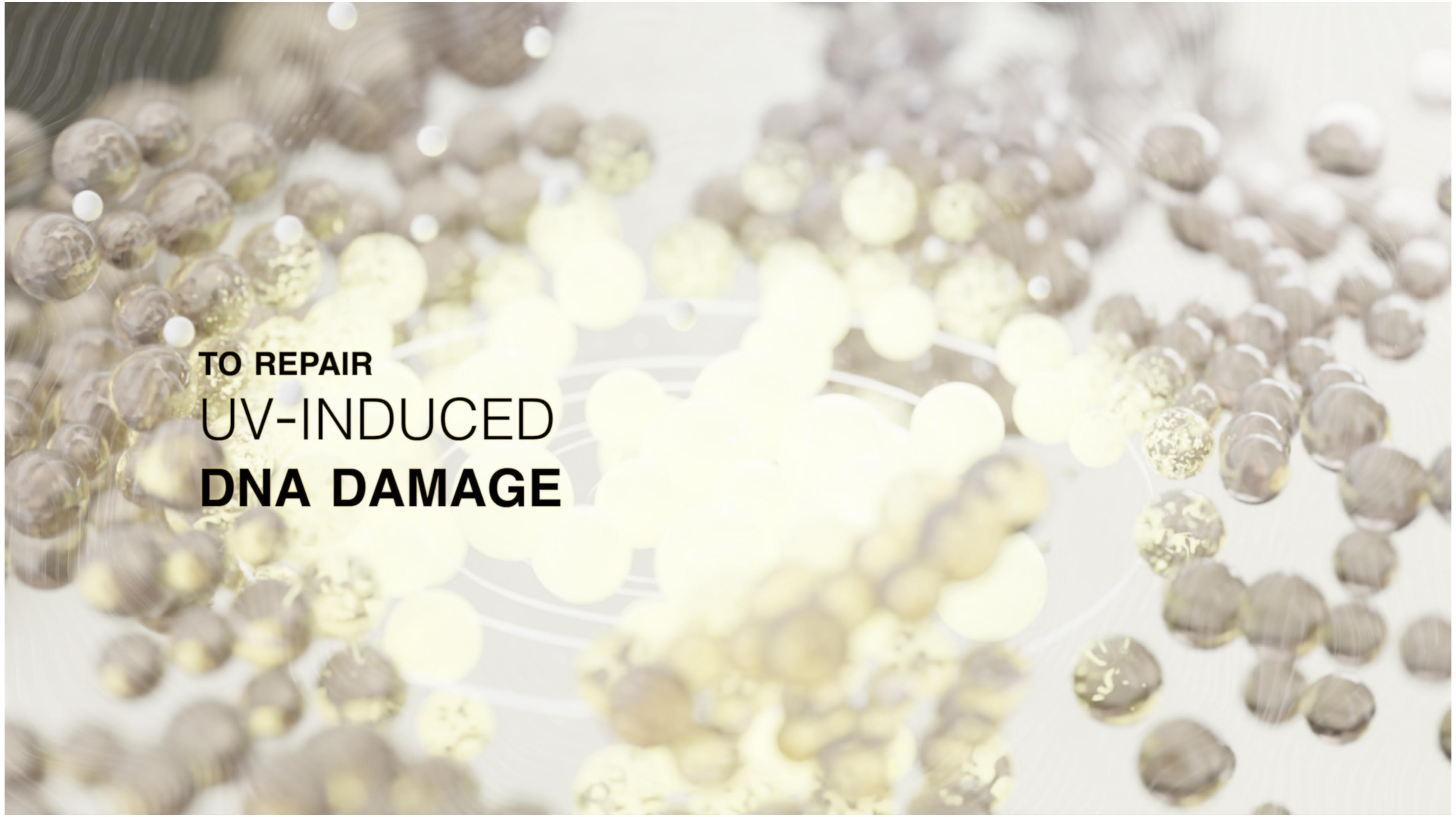 Microscopic spheres in beige and white tones arranged against a bright background, with text overlaying the image, showing science visualization.