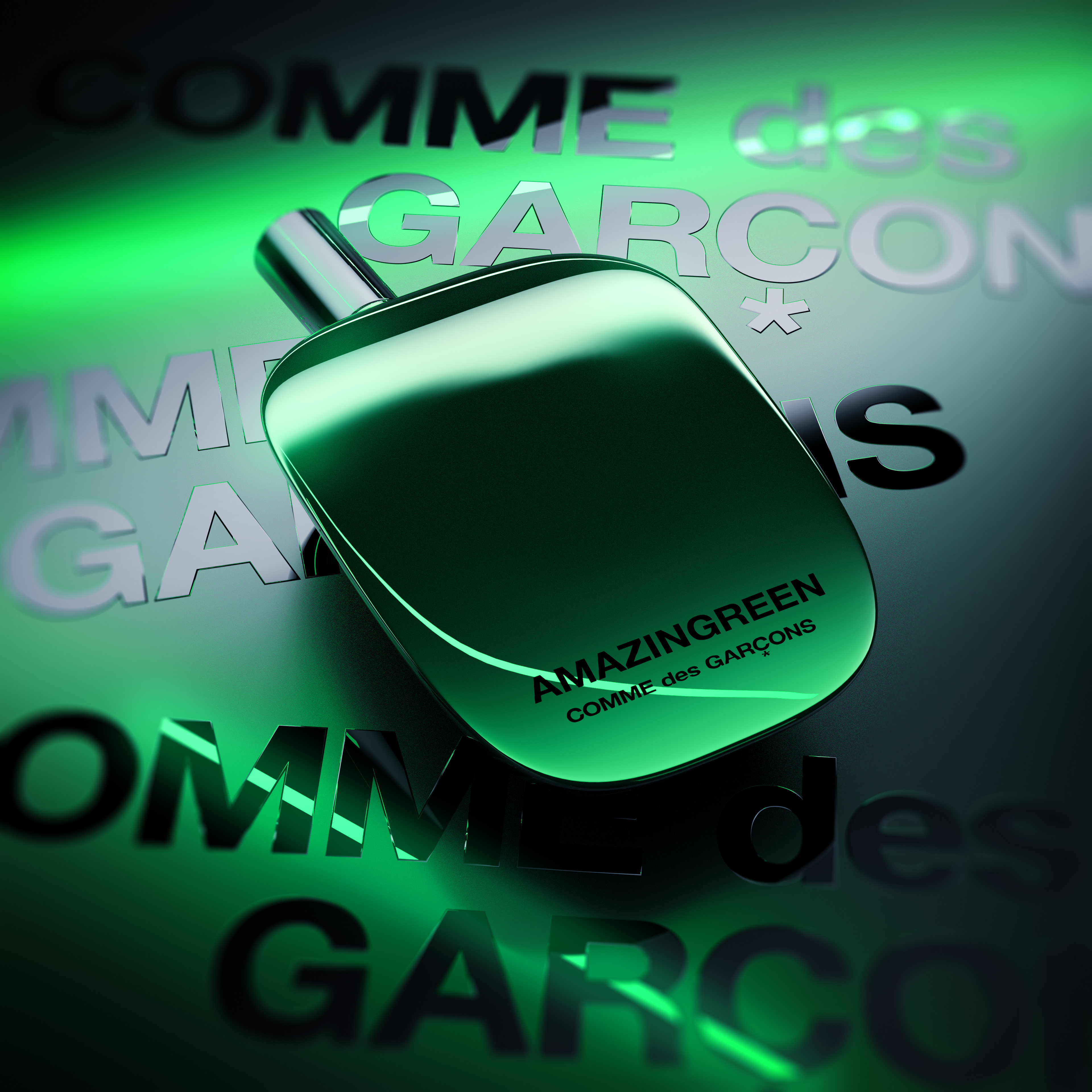 Green glass perfume bottle angled on reflective surface with silver lettering 'Comme des Garcons' and a bright green glow.