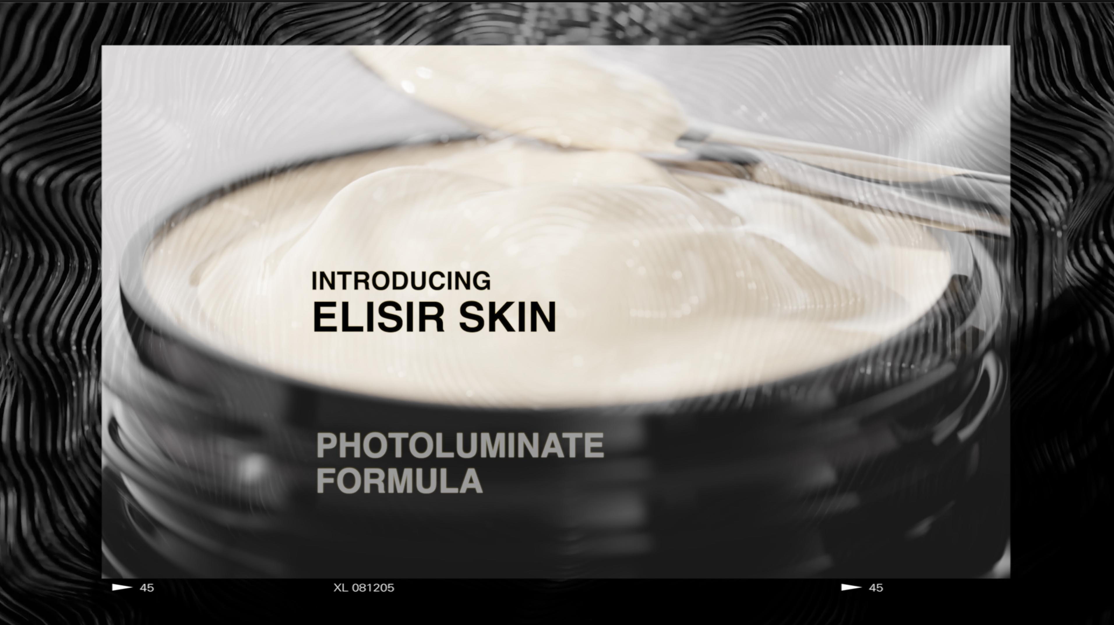 Creamy lotion in a black jar with silver spatula displayed on a black wavy surface in an advertisement promoting Elixir Skin photoluminate formula.