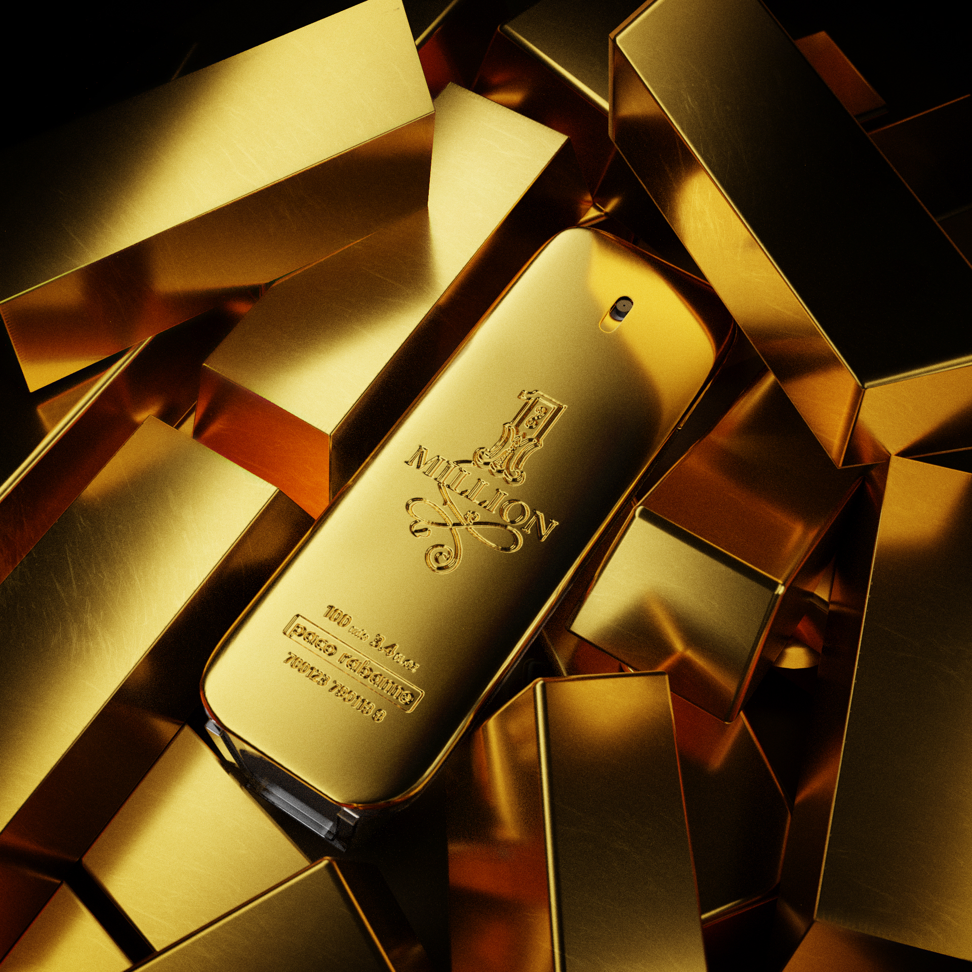 Gold bar-shaped perfume bottle amidst pile of gold bars, close-up shot highlighting golden hues and luxurious design.