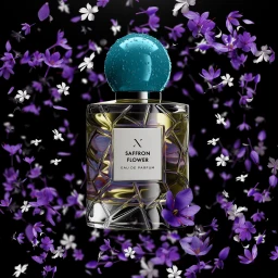Faceted glass perfume bottle with a textured teal cap surrounded by floating purple saffron petals against a black background.