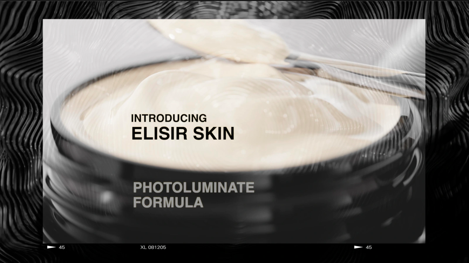 Close-up CGI render of an open black cosmetic jar filled with swirling face cream texture and a cosmetic scoop applicator.