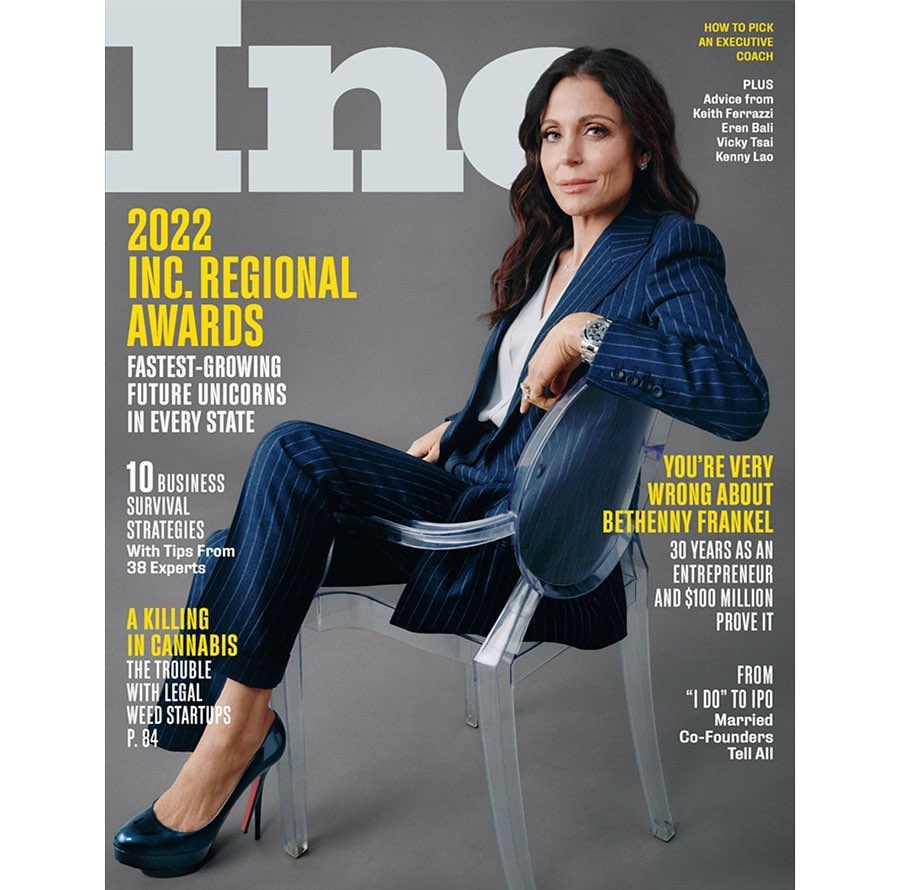 Magazine cover featuring Bethenny Frankel in pinstripe suit, seated in a clear chair against gray backdrop, promoting Inc. Regional Awards.