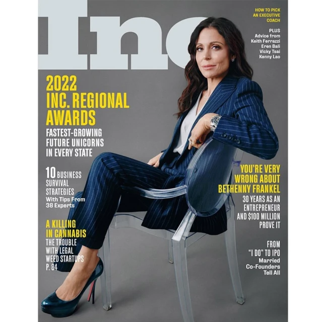 Magazine cover featuring Bethenny Frankel in pinstripe suit, seated in a clear chair against gray backdrop, promoting Inc. Regional Awards.