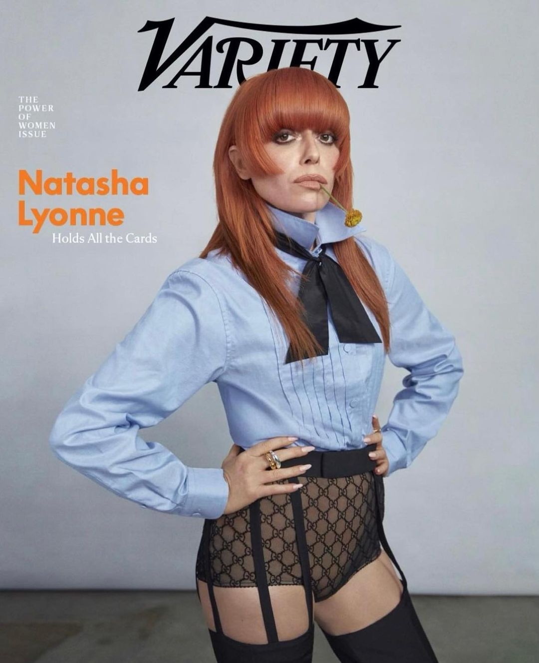Variety magazine cover featuring Natasha Lyonne in a blue shirt, black bow, and patterned shorts with suspenders against a light background.