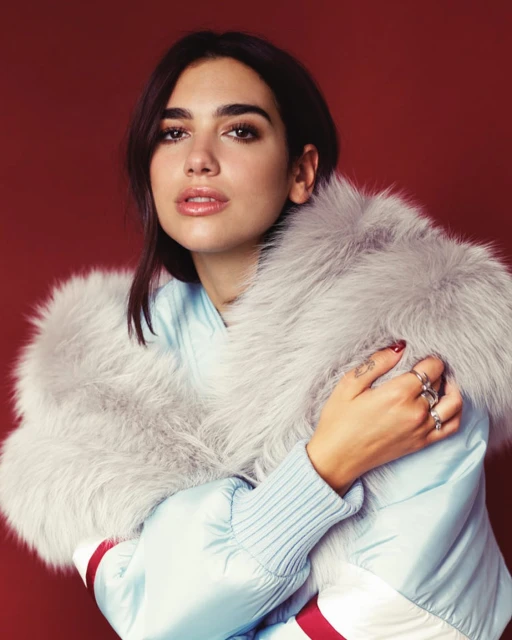 Attractive woman in a light blue jacket and grey faux fur collar posing in front of a solid red backdrop in a studio setting.