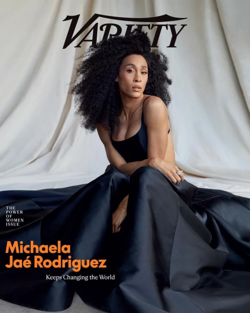 Magazine cover featuring Michaela Jaé Rodriguez in a black dress against a draped white background, under the 'Variety' logo.
