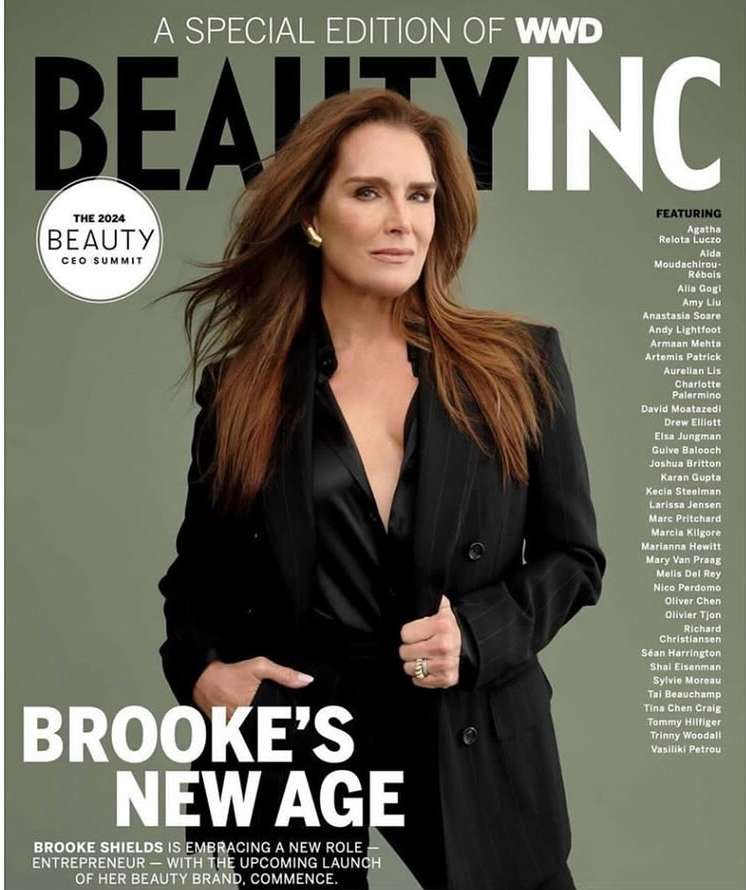 Magazine cover featuring Brooke Shields wearing a black blazer. The cover promotes Beauty Inc and The 2024 Beauty CEO Summit.