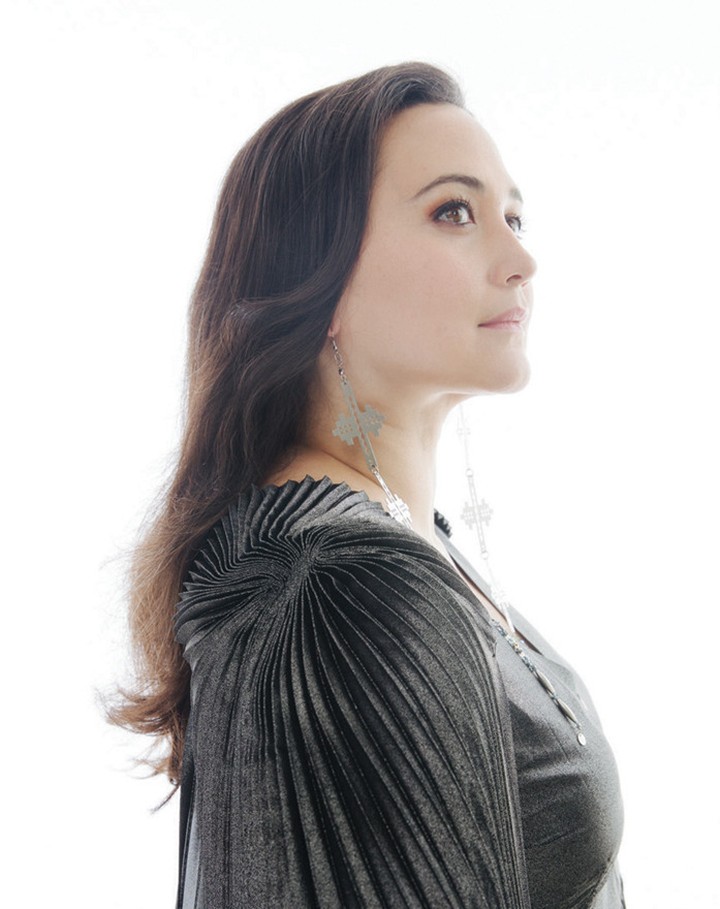 Woman with long brown hair poses in a shiny grey dress. She is accessorized with dangling leaf-shaped earrings and a necklace, lit by bright light.