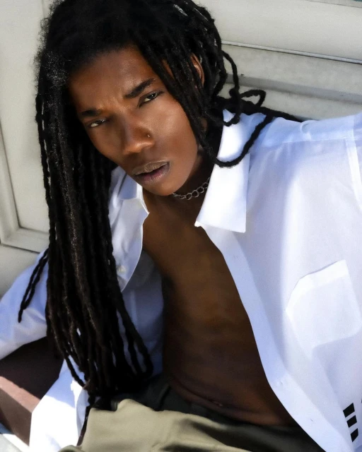 Person with dreadlocks poses in an unbuttoned white shirt and green pants, looking directly at the camera in a close-up shot.