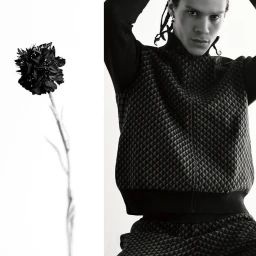 Black and white portrait of a male model wearing a patterned tracksuit with a dark flower beside him